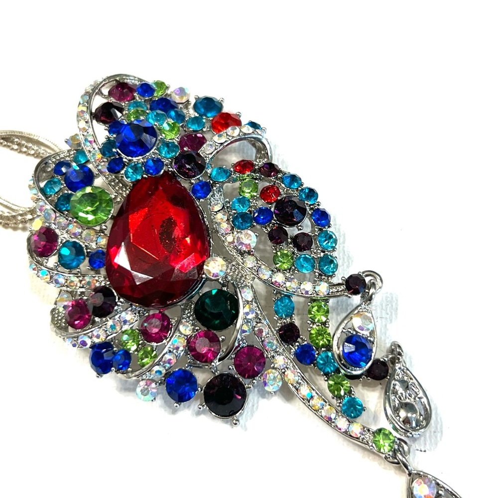 Vintage Rhinestone Brooch Pendant w/ ball Snake Chain Necklace Sparkly